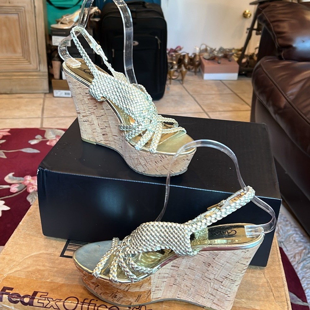 Carlos Santana Horizon Sandals in Silver Braided Top and Cork Wedge Sz 8.5 NEW - Picture 2 of 14